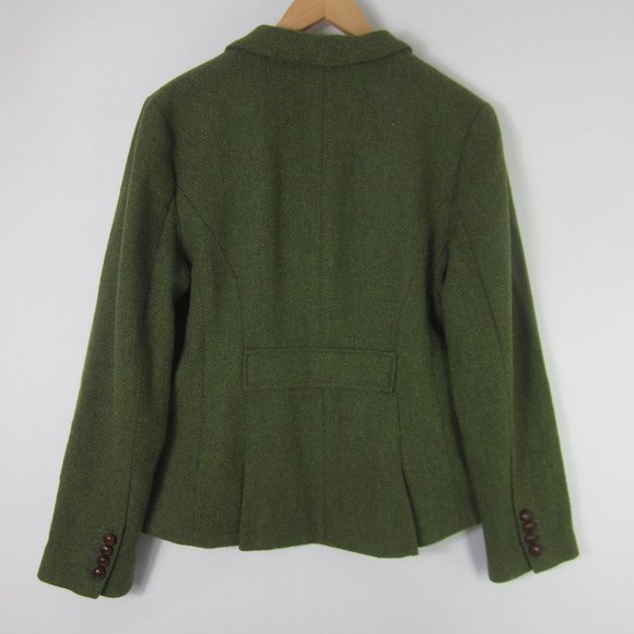 Vintage L.L. Bean Womens 12 Green Herringbone Wool LS Blazer Jacket M Equestrian - Picture 2 of 10